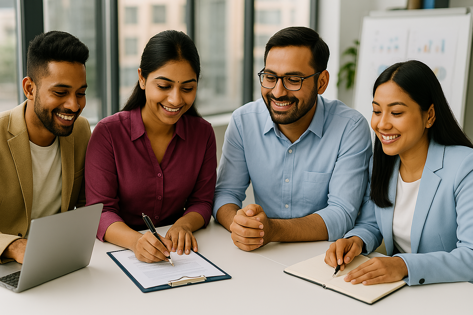 A diverse team of professionals collaborating in an office