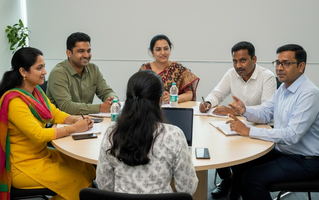 A diverse team of professionals collaborating in an office